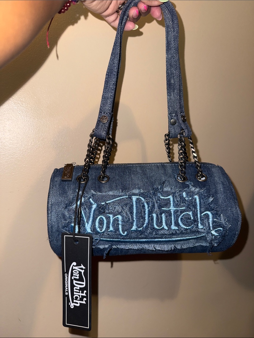 Von Dutch Denim  Long Barrel Shoulder Bag in Blue with Light Blue Embroidery